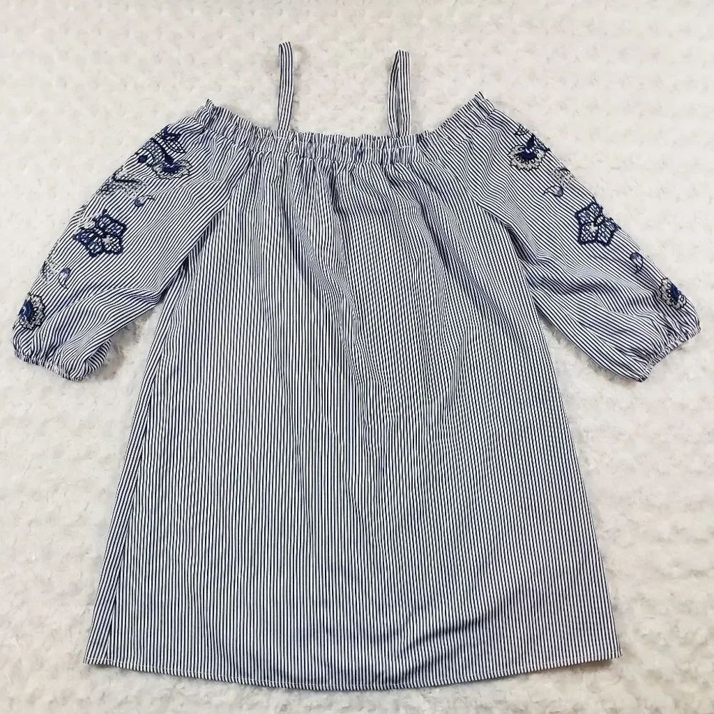 As U Wish blue and white striped off the shoulder tunic blouse with embroidered